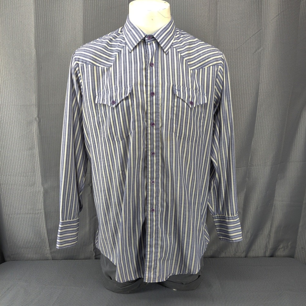 Luskey's H Bar C Western Shirt Mens 17 34 Blue Striped Vintage Made in USA